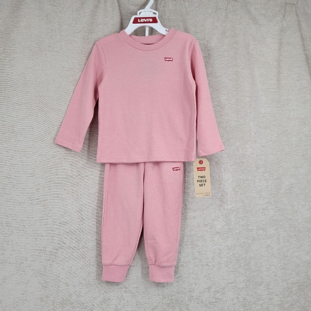 Levi's Pink Waffle Knit Jogger Thermal Set Girls Size Infant Toddler 24mo NEW